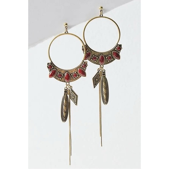 Free People Winona Hoops in Brass Red Jasper NWT Bohemian Western Boho Dangles - Picture 9 of 16